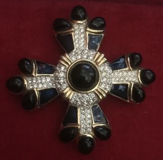 Vintage Jewelry Brooch Pin Maltese Cross Deep Blue Rhinestones Enamel Gold Tone