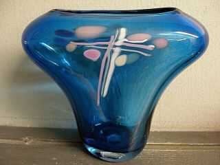 Vintage Studio Art Glass Abstract Vase Turquoise Blue - Infused Color - Signed