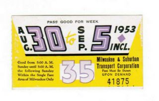 Milwaukee Railway Transit Ticket Pass August 30 - September 5 1953 Weekly Permit