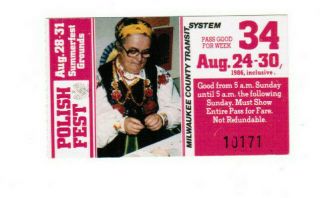 Milwaukee Railway Transit Ticket Pass August 24 - 30 1986 Polish Festival