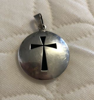 Vintage Sterling Silver 925 Round Puffed Byzantine Cross Pendant Charm Mexico