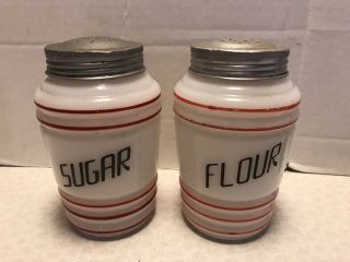 Vintage White Milk Glass Sugar & Flour Shakers - Black Letters