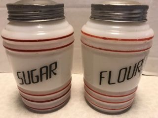 Vintage White Milk Glass Sugar & Flour Shakers - Black Letters 2
