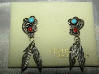 Vintage B.  Yazzie Navajo Sterling Silver Dangle Earrings W Turquoise Coral