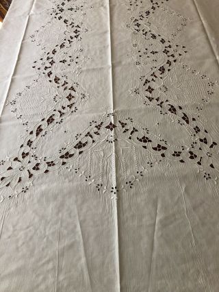 Vintage Hand Embroidered Madeira Cut Work White Linen Tablecloth.  Banquet 70 X115