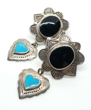 Vintage Signed 925 Sterling Silver Black Onyx Turquoise Heart Floral Earrings