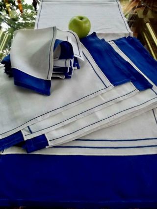 25p Vintage Mid Century Geometric White Blue Linen 12 Placemats,  Napkins Runner