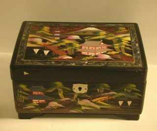 Vintage Made In Japan Black Lacquer Musical Jewelry Box W/ Key