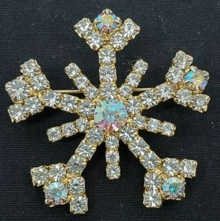Vintage Brooch/pin Figural Snowflake In Gold Tone With Clear Crystals Winter