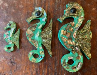Vintage Bettys Shells Retro Seahorses Set Of 3 Aqua Green Lucite Acrylic Art