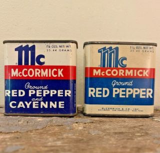 Vintage 2 Mccormick Spice Red Pepper & Cayenne Tin Spice Can Retro Kitchen Decor