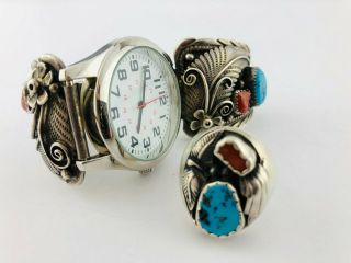 Vintage Sterling Silver Watch And Matching Ring With Coral And Turquoise
