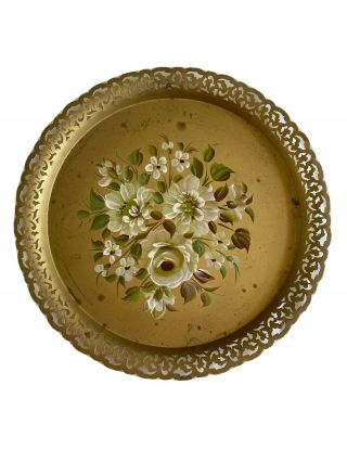 Nashco Products Ny Vintage Gold Floral Hand - Painted Large 14.  75” Round Tray