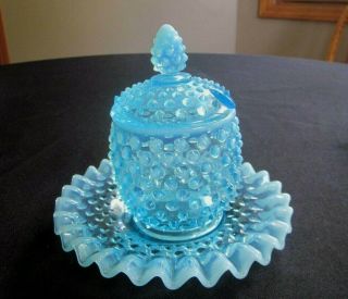 Vintage Fenton Hobnail Blue Opalescent Jam Jar/ Condiment Jar With Underplate