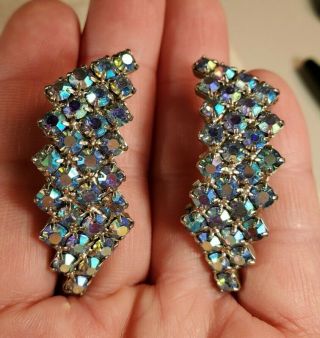Vintage Aurora Borealis Rhinestones Clip On Earrings Asymmetrical Mid Century