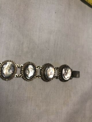 Vintage Antique English Silver Cameo Mother Of A Pearl Bracelet 3