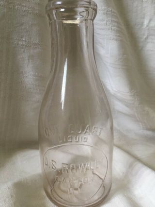 Vintage Quart Milk Bottle J.  S.  Rowley Dairy Canton Illinois 1930s