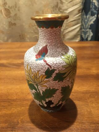 Vintage Chinese Cloisonné White Blue Pink Green Floral Small 6 " Vase Vg