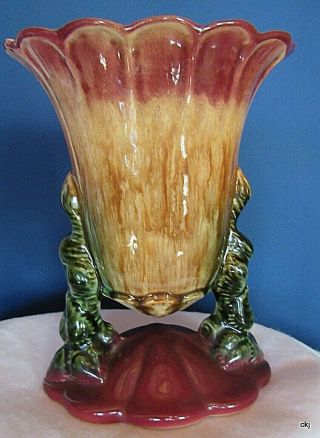 Vintage Hull Usa 108 Suspended Woodlawn Art Pottery Vase Maroon Green