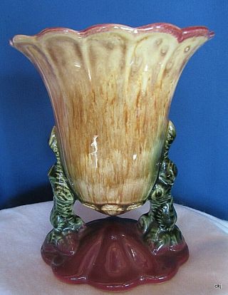 Vintage Hull USA 108 Suspended Woodlawn Art Pottery Vase Maroon Green 2