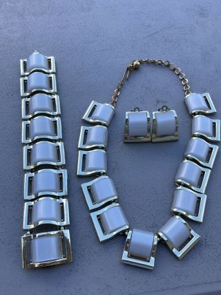 Vintage Signed Charel Baby Blue Thermoset Necklace Bracelet And Earrings Set