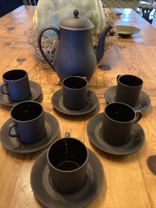Vintage Wedgwood England Black Basalt Demitasse Set - Coffee Pot W/ 6 Cups/saucers
