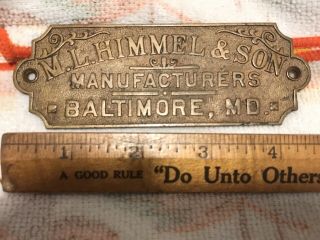 Vintage M.  L.  Himmel & Son Baltimore Md Brass Billiard Pool Table Badge Namep