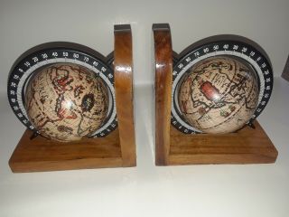 Vintage Pair 2 Wood Spinning World Map Globe Shelf Bookends Set