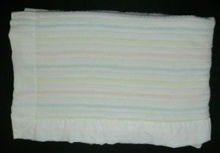 Vintage Baby Blanket White Pastel Stripe Nylon Satin Trim Border Waffle Weave