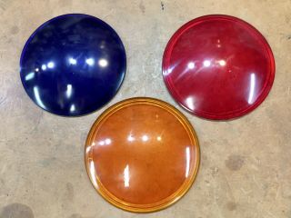 3 Vintage Kopp Glass • Railroad Lantern Lenses • Blue / Red / Amber • 4 3/4”