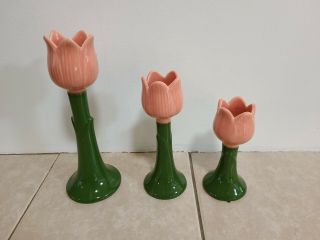 Two Vintage Ceramic Tulip Candle Holders Pink And Green Set Of 3 Cute Quirky