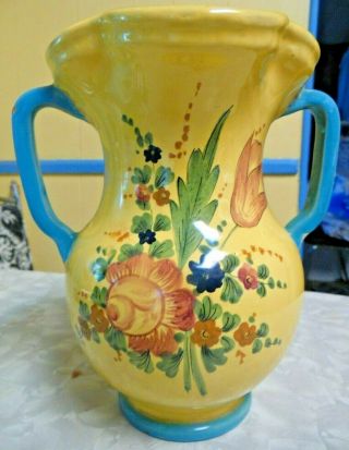 Vintage Yellow & Blue 2 Handled Pottery Vase Made In Italy 8 "