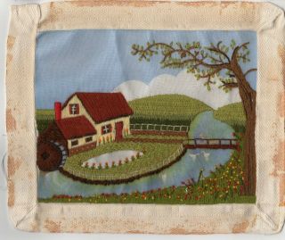 Vintage Finished Crewel Embroidery Art Mill House Country Side Landscape