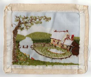 Vintage Finished Crewel Embroidery Art Mill House Country Side Landscape 2