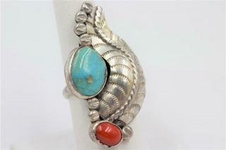 Long Vintage Navajo Sterling Silver Turquoise Coral Feather Size 7.  75 Ring