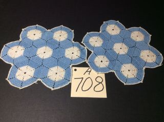 Two 8” Round Vintage Hand Crocheted Blue & White Doilies Made Up Of Circles