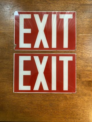 Pair Vintage Reverse Painted Glass Exit Sign 11 " X 7 " Red Background Clear