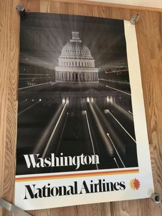 Large Vintage 70’s National Airlines Washington Dc Travel Poster U.  S.  Capitol