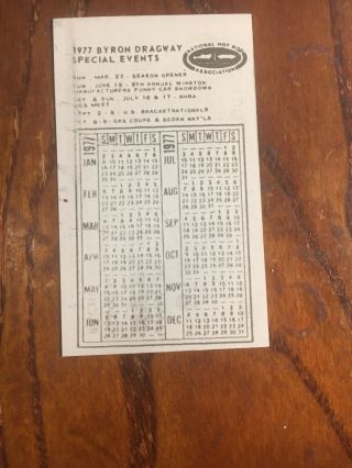 VINTAGE 1977 BYRON ILLINOIS DRAGWAY Season Schedule Calendar Card NHRA 3