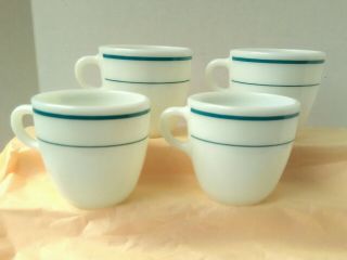 4 Vintage Pyrex White Milk Glass Blue Stripe Aqua Band Coffee Mugs (a) Euc 723
