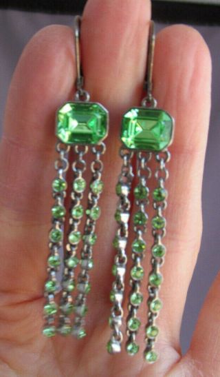 Vintage Givenchy Silver Tone Long Lime Green Emerald Cut Chandelier Earrings