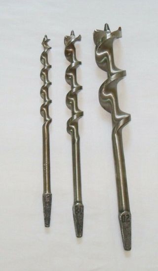Three (3) Vintage Irwin Auger Brace Drill Bits 8,  12 And 20