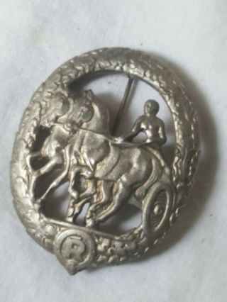 Vintage Germany Ww2 Era White Brass Horse Man Chariot Pin Medal " R " Embossed