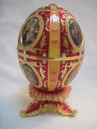 Vintage Red Faberge Egg Metal And Enamel Trinket Box With Nativity