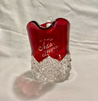 Antique Vintage 1909 Ruby Red Clear Cut Flash Glass Souvenir Creamer