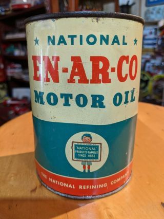 Vintage National En - Ar - Co Motor Oil 1 Quart All Metal Can