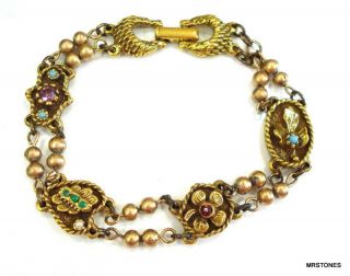 Vintage Signed Goldette Bracelet Gold Tone Asst Charms Colored Balls Rhinestones