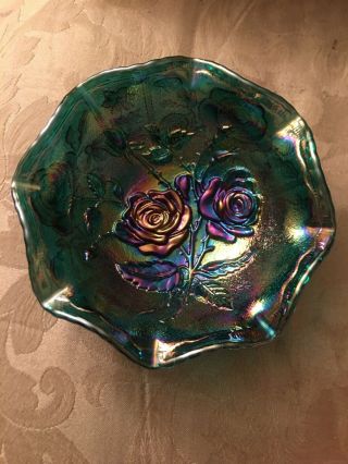 Vintage Irridescent Glass Bowl Blue Green Purple With Flowers 7” Diameter