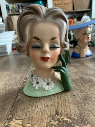 Vintage Napco Lady Head Vase Green Gloved Hand Pearl Earrings C6428 F2