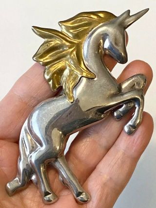 Huge Vintage Taxco Mexico Sterling Silver Unicorn Pin Brooch Brass Mane Overlay